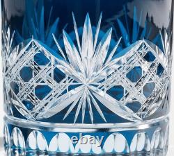 Pottery Barn Blue Cut Crystal Double Old Fashioned Glasses Set of 4 10.5 oz