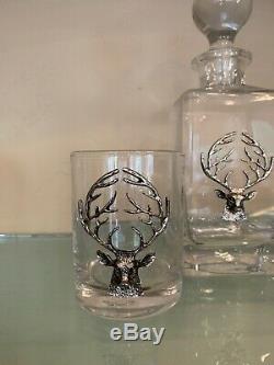 Pottery Barn STAG Medallion Decanter 2 Stag Double Old Fashioned Glasses New