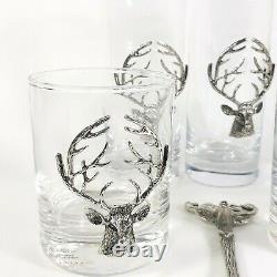 Pottery Barn STAG Medallion Double Old-Fashioned Bar Glass & Bottle Opener Lot