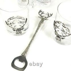 Pottery Barn STAG Medallion Double Old-Fashioned Bar Glass & Bottle Opener Lot