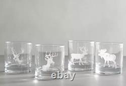 Pottery Barn Stag Deer Etched Double Old Fashioned Rocks Glasses Set/4 NEW