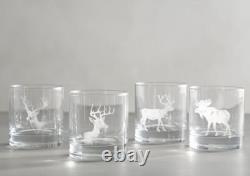 Pottery Barn Stag Etched Double Old Fashioned Glasses Set/4 NEW