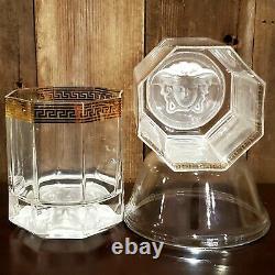 RARE 2 Versace Medusa D'Or Gold Greek Key Double Old Fashioned Whiskey Glasses