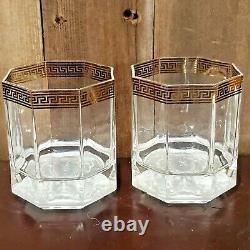 RARE 2 Versace Medusa D'Or Gold Greek Key Double Old Fashioned Whiskey Glasses