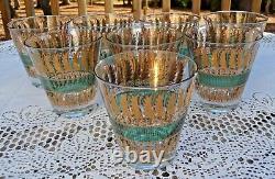 Rare SET of 8 Georges Briard BIJOUX 22k Gold & Teal Double Old Fashioned GLASSES