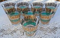 Rare SET of 8 Georges Briard BIJOUX 22k Gold & Teal Double Old Fashioned GLASSES