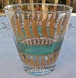 Rare SET of 8 Georges Briard BIJOUX 22k Gold & Teal Double Old Fashioned GLASSES