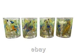 Rare Set of 8 Vintage Neiman Marcus Tropical Parrot Glasses Double Old Fashioned