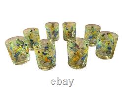 Rare Set of 8 Vintage Neiman Marcus Tropical Parrot Glasses Double Old Fashioned
