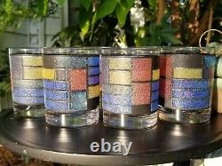 Rare Stained Glass Old Fashioned Glasses Mid Century Modern Rocks Vintage Set 6