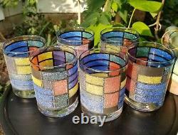 Rare Stained Glass Old Fashioned Glasses Mid Century Modern Rocks Vintage Set 6