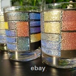 Rare Stained Glass Old Fashioned Glasses Mid Century Modern Rocks Vintage Set 6