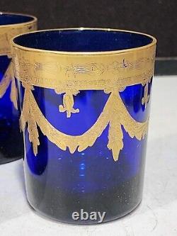 SET OF 4- Reims France Cobalt Blue Heavy Gold Trim Double Old Fashioned Glasses