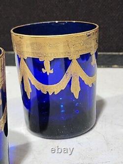 SET OF 4- Reims France Cobalt Blue Heavy Gold Trim Double Old Fashioned Glasses