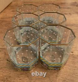 SET OF 6 Mackenzie Childs Octagonal Double Old Fashioned Garland Glasses 3-5/8