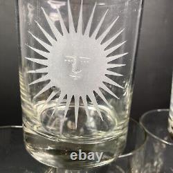 SET OF 6 Vtg NEIMAN MARCUS ETCHED GLASS DOUBLE OLD FASHIONED TUMBLERS Sun WithFace