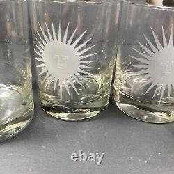 SET OF 6 Vtg NEIMAN MARCUS ETCHED GLASS DOUBLE OLD FASHIONED TUMBLERS Sun WithFace