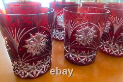 SET OF 8 CUT TO CLEAR RUBY RED DOUBLE OLD FASHIONED Glasses- Star burst