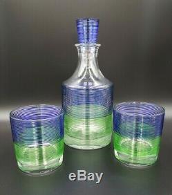 Salviati STRINGA BLUE GREEN Decanter + 2 Double Old Fashioned Murano RARE WOW