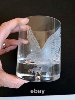 Set 4 Crystal Double Old Fashioned Whiskey Glass Etched Eagle Signed Coyle 4 in