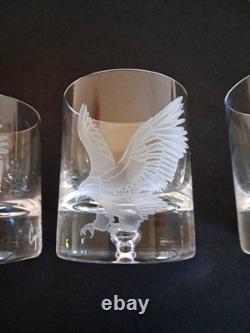 Set 4 Crystal Double Old Fashioned Whiskey Glass Etched Eagle Signed Coyle 4 in