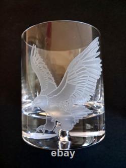 Set 4 Crystal Double Old Fashioned Whiskey Glass Etched Eagle Signed Coyle 4 in