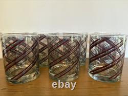 Set / 7 Culver Vtg Double Old Fashioned Glasses Burgundy Silver Diagonal Stripes