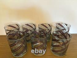 Set / 7 Culver Vtg Double Old Fashioned Glasses Burgundy Silver Diagonal Stripes