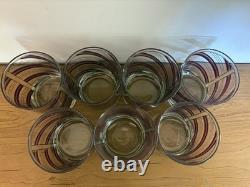 Set / 7 Culver Vtg Double Old Fashioned Glasses Burgundy Silver Diagonal Stripes