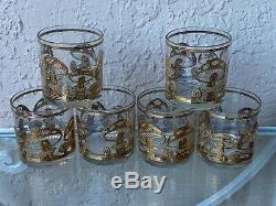 Set Of 6 Vintage MCM Culver Gold Mushrooms Double Old Fashioned Glasses Man Cave