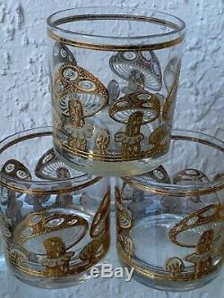 Set Of 6 Vintage MCM Culver Gold Mushrooms Double Old Fashioned Glasses Man Cave