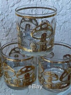 Set Of 6 Vintage MCM Culver Gold Mushrooms Double Old Fashioned Glasses Man Cave