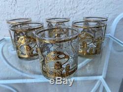 Set Of 6 Vintage MCM Culver Gold Mushrooms Double Old Fashioned Glasses Man Cave