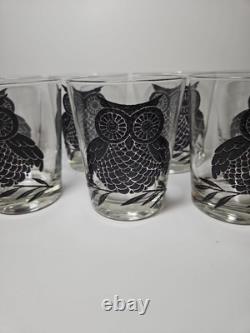 Set Of 7 Large Black Owl Double Old Fashioned Tumblers West VA Glass MCM 4 3/8