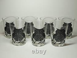 Set Of 7 Large Black Owl Double Old Fashioned Tumblers West VA Glass MCM 4 3/8
