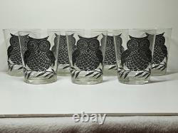 Set Of 7 Large Black Owl Double Old Fashioned Tumblers West VA Glass MCM 4 3/8