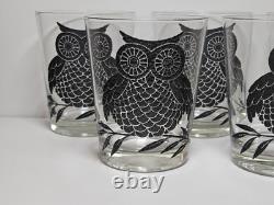 Set Of 7 Large Black Owl Double Old Fashioned Tumblers West VA Glass MCM 4 3/8