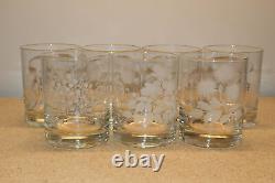 Set Of 7 Neimen Marcus Etched Glass Double Old Fashioned Tumblers-floral