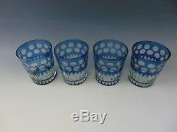 Set of 4 Blue Crystal Overlay Cut To Clear Double Old Fashioned Tumblers
