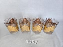 Set of 4 Mid-century Double Old Fashioned Glasses by Culver, 22K Gold Chevron