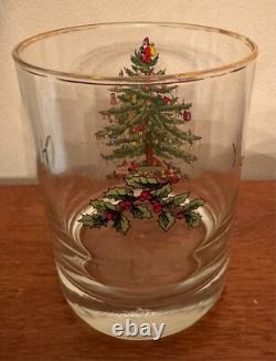 Set of 4 Spode Christmas Tree Double Old Fashioned Glasses Tumblers Gold Lip EUC