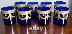 Set of 8 Reims France Cobalt Blue Heavy Gold Trim Double Old Fashioned Glasses
