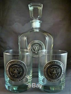 Silver Pewter Decanter & Two PRESIDENTIAL SEAL Double Old Fashioned Glasses
