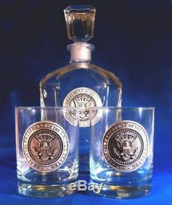 Silver Pewter Decanter & Two PRESIDENTIAL SEAL Double Old Fashioned Glasses