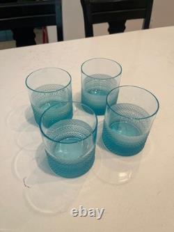 Tiffany & Co. RARE BLUE Diamond Point Crystal Double Old Fashioned Set of 4