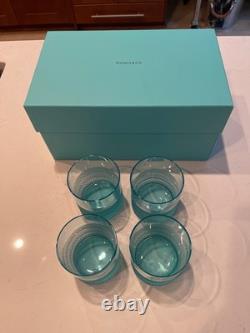 Tiffany & Co. RARE BLUE Diamond Point Crystal Double Old Fashioned Set of 4