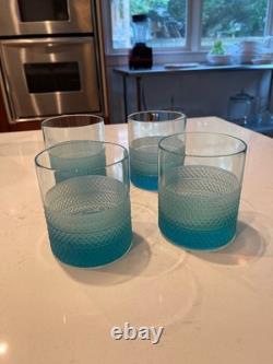 Tiffany & Co. RARE BLUE Diamond Point Crystal Double Old Fashioned Set of 4