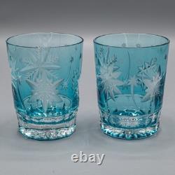 UNSIGNED Snow Crystals Aqua Double Old Fashioned Tumbler Glasses 4 3/8 Pair