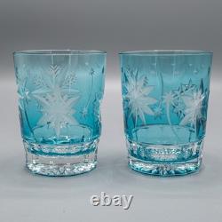 UNSIGNED Snow Crystals Aqua Double Old Fashioned Tumbler Glasses 4 3/8 Pair