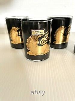 VERY RARE Vintage Culver Black Gold Unicorn Glasses 4set Double Old Fashioned